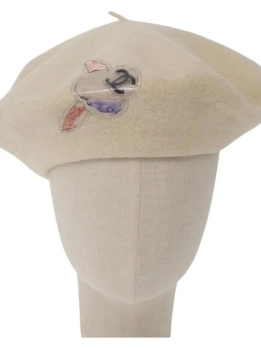 CHANEL Hat Wool Ivory CC Auth 176523A